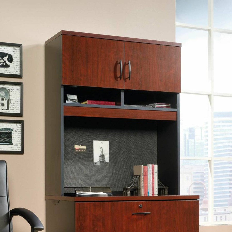 Sauder Via Hutch Computer Desk with Storage Shelves in Classic Cherry Finish for Home Office