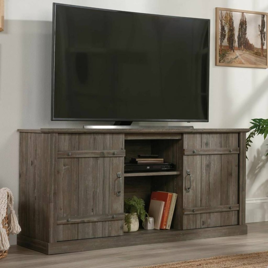 Sauder Mystic Oak TV Stand for 70 Inch TVs, Entertainment Credenza with Storage Cabinet