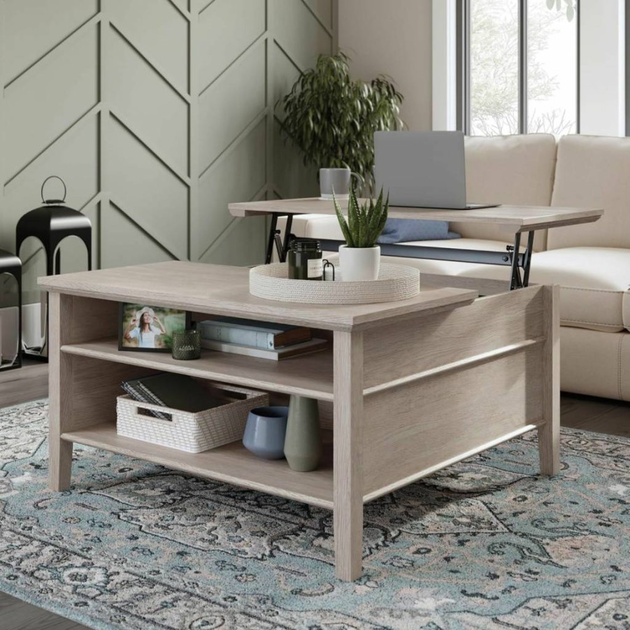 Sauder East Adara Lift Top Coffee Table with Hidden Storage, Cascading Oak Finish - Modern Lift-Top Design for Living Room