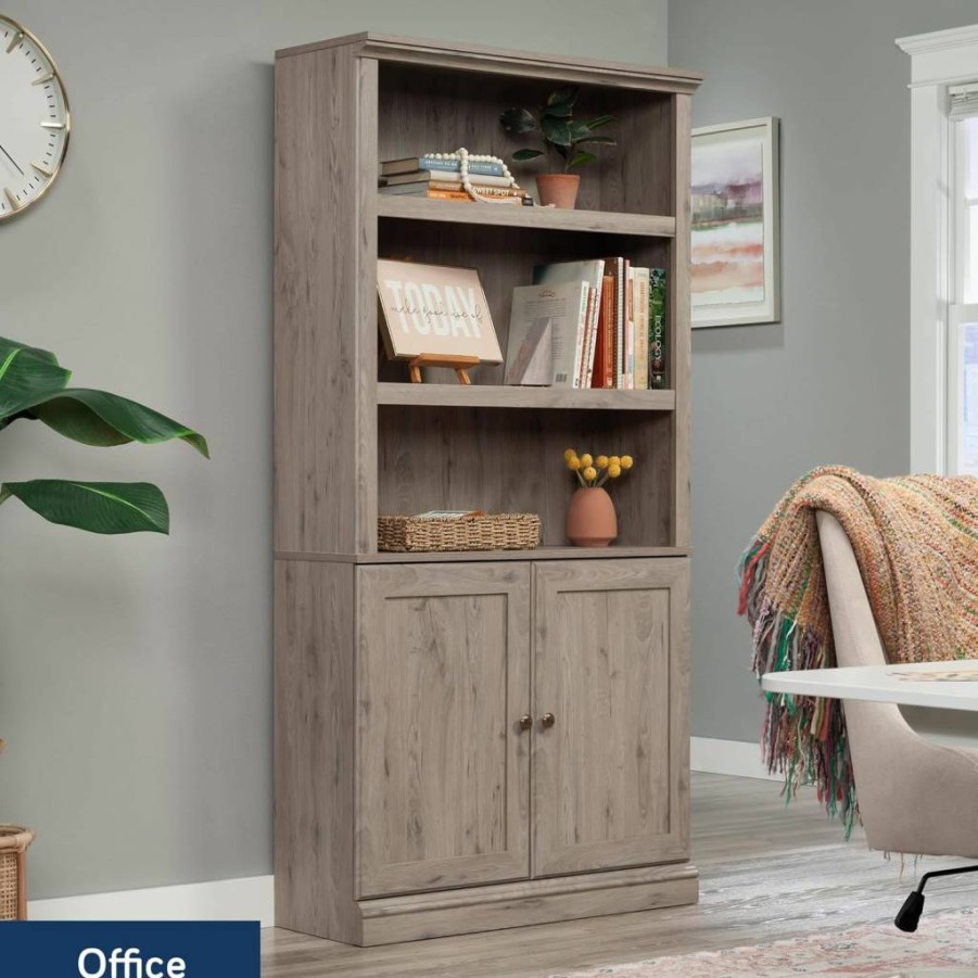 Sauder White Bookcase with Adjustable Shelves and Storage Doors - Modern Library Bookshelf for Home Office