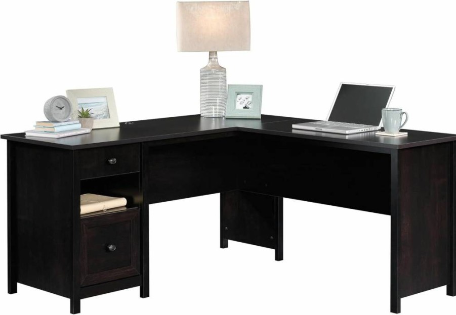 Sauder County Line L-Shaped Desk in Estate Black Finish - Stylish Home Office Furniture