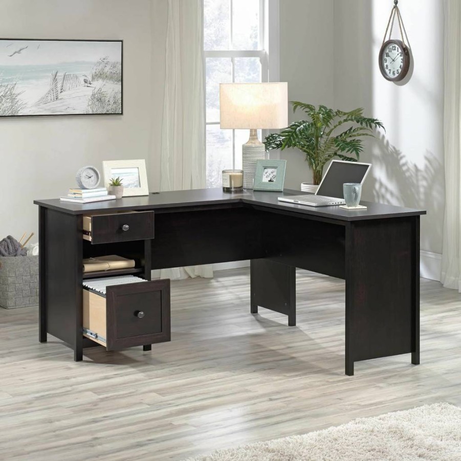Sauder County Line L-Shaped Desk in Estate Black Finish - Stylish Home Office Furniture