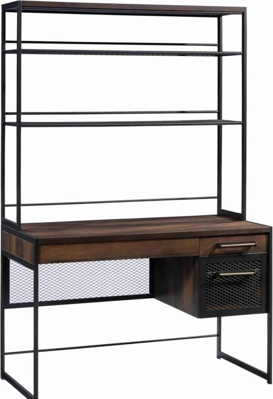 Sauder Briarbrook Office Desk With Hutch in Barrel Oak Finish - Stylish Computer Workstation for Home & Office