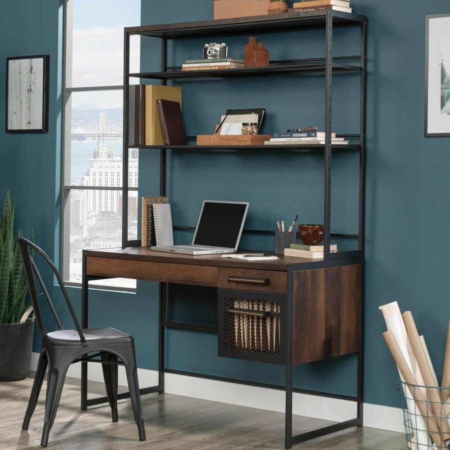 Sauder Briarbrook Office Desk With Hutch in Barrel Oak Finish - Stylish Computer Workstation for Home & Office