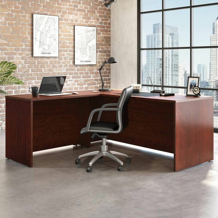 OfficeWorks by Sauder Classic Cherry L-Shaped Desk with Return, 72" x 30" Shell & 42" Return, 71.1" x 29.5" x 29.3" Dimensions