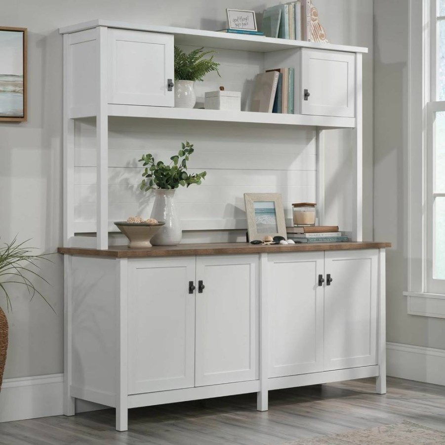 Sauder White Cottage Road Credenza with Hutch - Stylish Storage Cabinet for Dining Room or Office