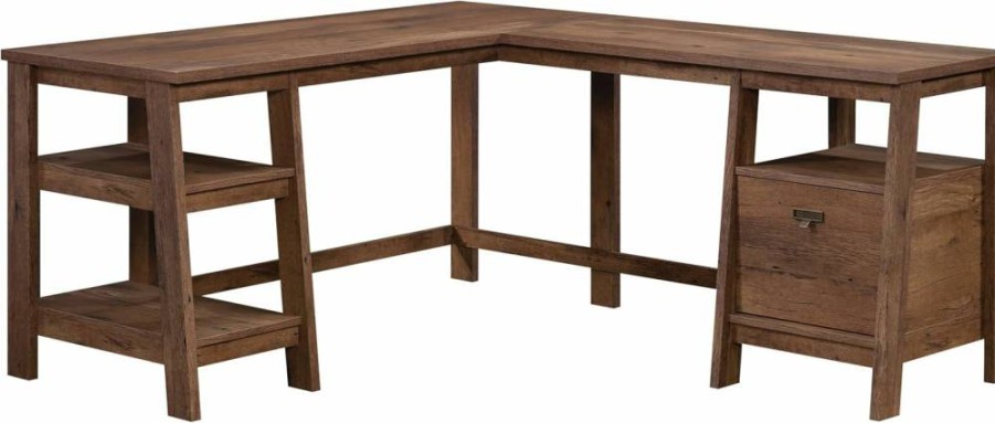 Sauder Vintage Oak Trestle L-Shaped Desk for Home Office, Modern L-Shape Computer Workstation with Durable Finish
