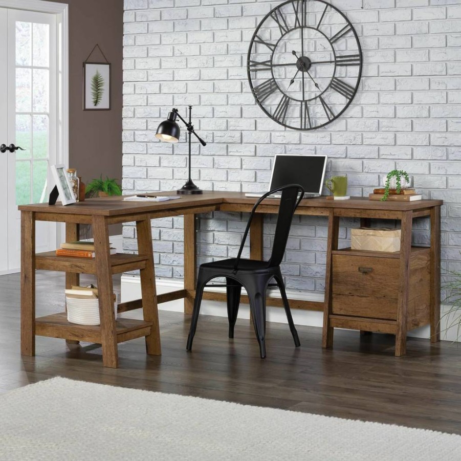 Sauder Vintage Oak Trestle L-Shaped Desk for Home Office, Modern L-Shape Computer Workstation with Durable Finish